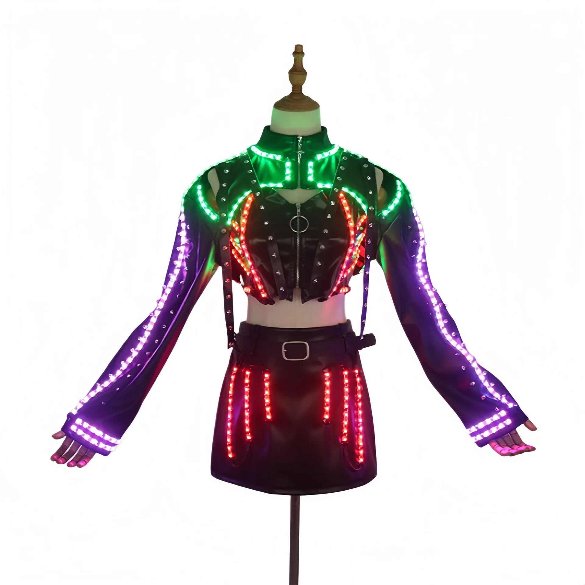 Women's LED Light Up Costume Set Halter Crop Top Jacket Skirt Punk Rave Nightclub Outfit Electronic LED Dance Wear for Stage