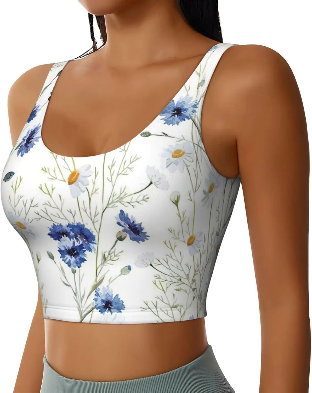 الزهور البرية وزهور الذرة الإقحوانات طباعة المرأة تجريب تانك القمم Racerback أكمام سترة رياضية لصالة الألعاب الرياضية