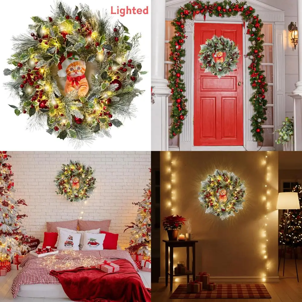 24 إكليل عيد الميلاد المضيء مع الأرز المتدفق والصنوبر والأحمر ولمسات ومؤقت للباب أو الحائط أو رف