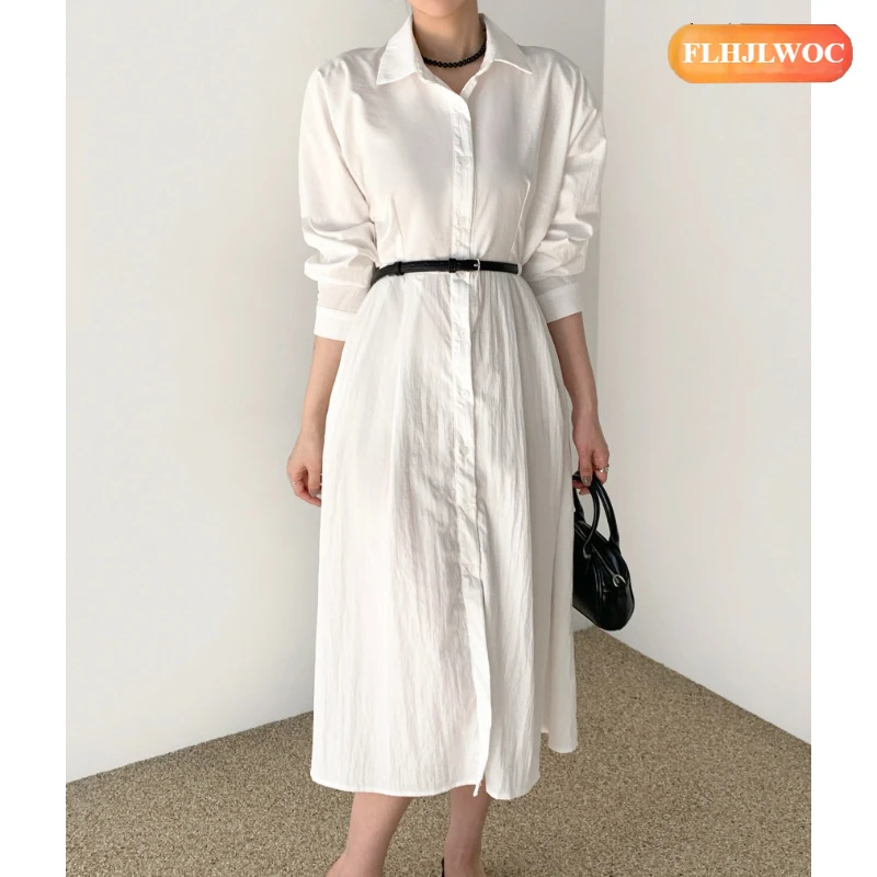 Vestidos con cinturón nuevo elegante Corea Vestidos femeninos mujer manga larga Oficina señora sólido Oficina elegante largo básico vestido camisero blanco