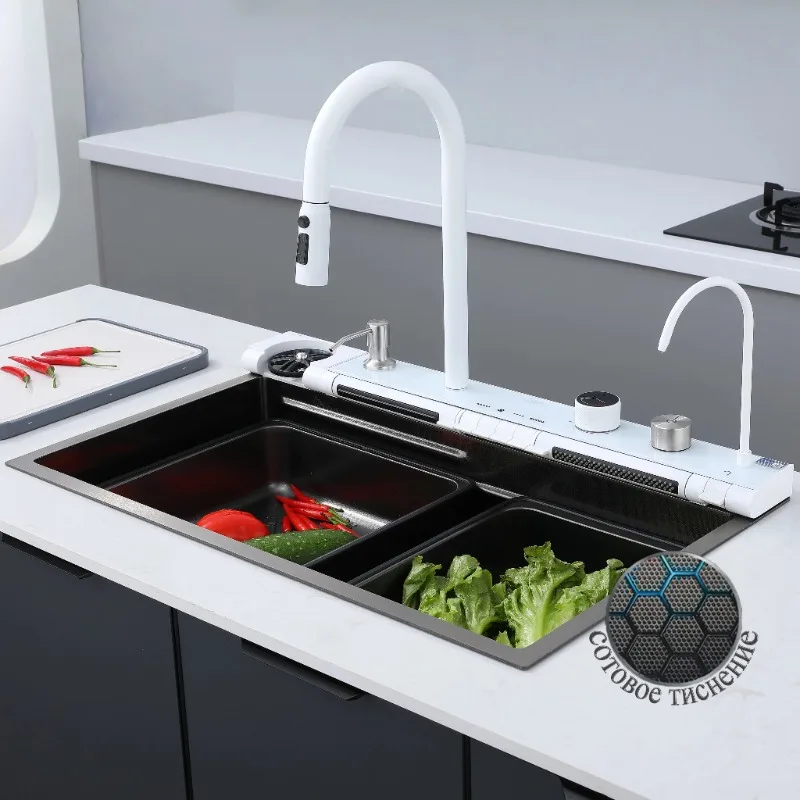 

Stainless Steel Kiten Sink with Faucet Digital Display Large Single Bowl Waterfall Rain Functions System Dish Basin Sink