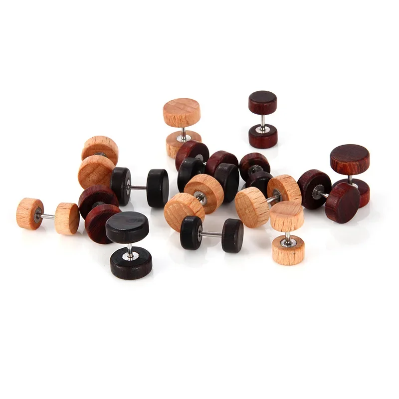 New Arrival Fake Ear Plugs Wood Earring Barbell Ear Stud 8mm 10mm Hot Sale Punk Fashion Body Piercing Jewelry Woemen Men Boy