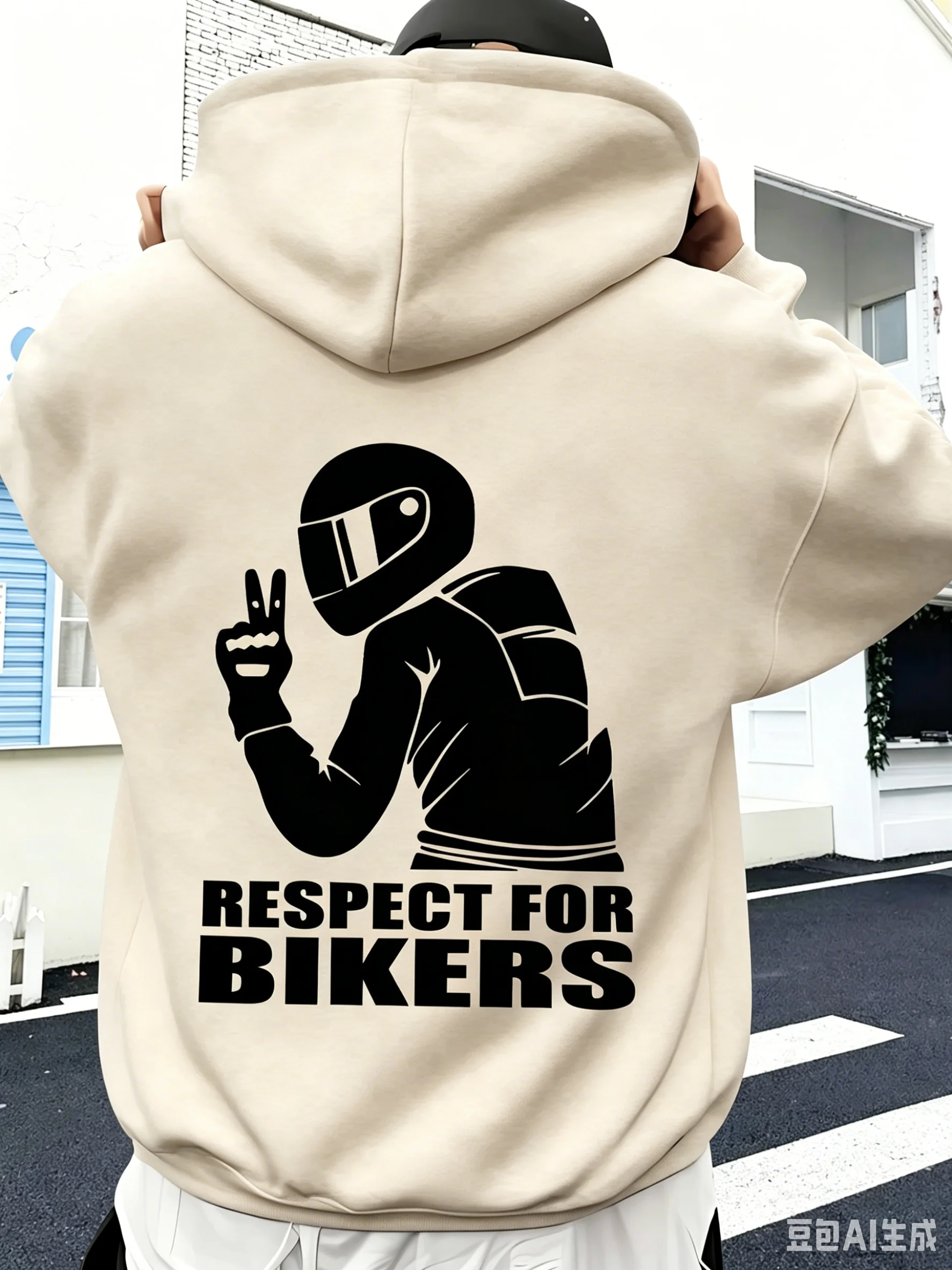 Herren Herbst- und Winter-Warmes Kapuzen-Sweatshirt, Motorrad-Aufdruck 'Respect for Rider', Street-Style, locker geschnittenes Freizeit-Sweatshirt – Detail 6