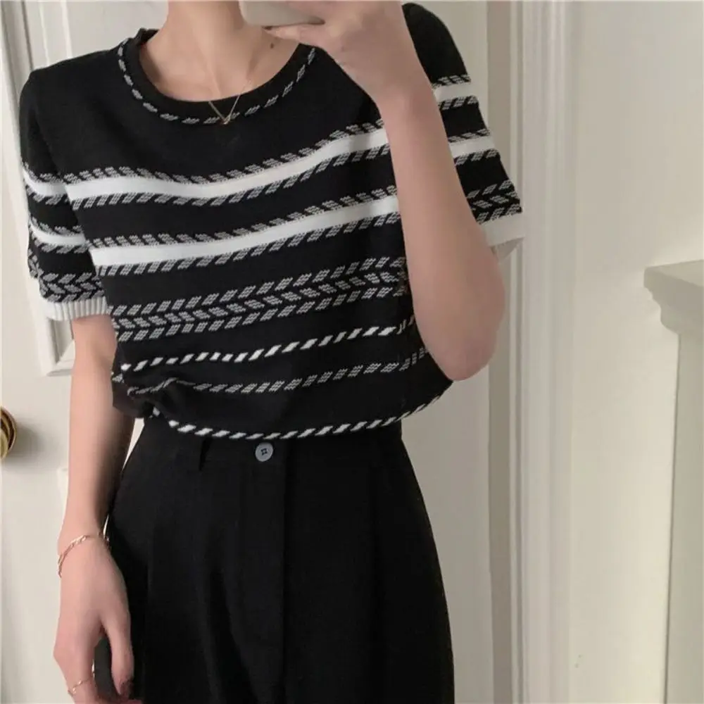 

Sweet Ins Short Sleeve Crop Top Summer Female Clothing Stripe Knitted T-shirt Loose Bottoming Shirt Knitwear Women Female