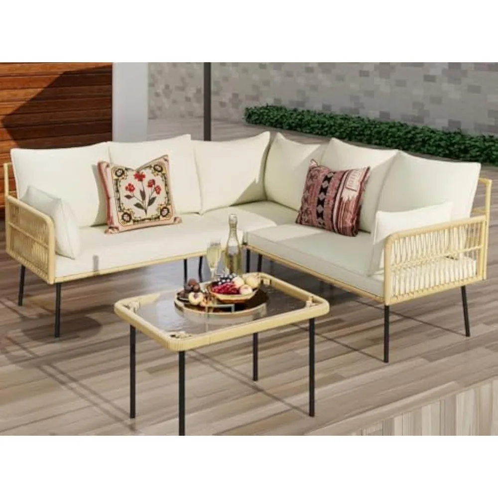 

Outdoor Patio Furniture Set, 4-Piece Boho Patio Sectional Set, L-Shaped Outdoor Sofa with Glass Table, Rattan Wicker Frame