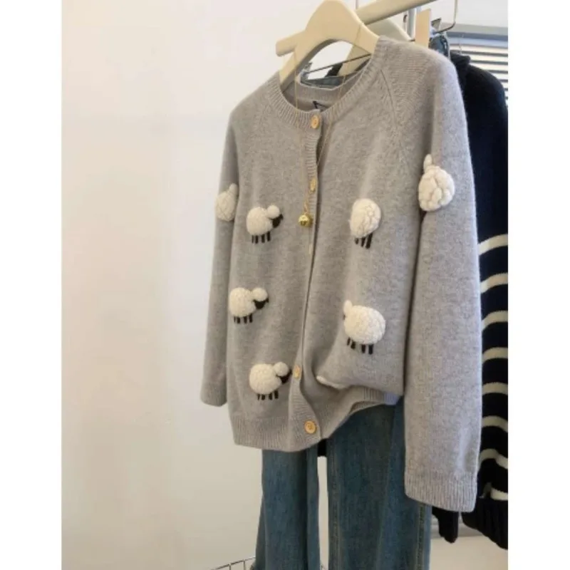 

Women Cardigans Sheep Embroidery Autumn Winter Keep Warm Slouchy Tender Knitted Sweater Design All-match Outwear Stylish Korean