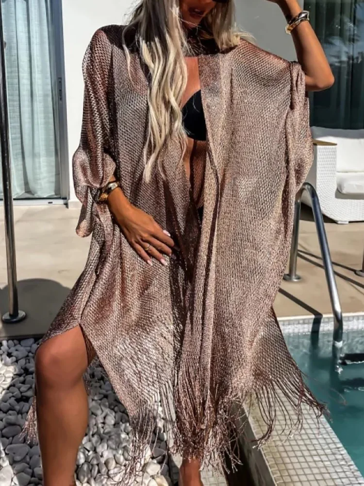 Beach Style Fashion Loungewear Solid Tops, Summer Women Elegant Tassel Patchwork Cardigan, Sexy Simple See Through Ladies Dress