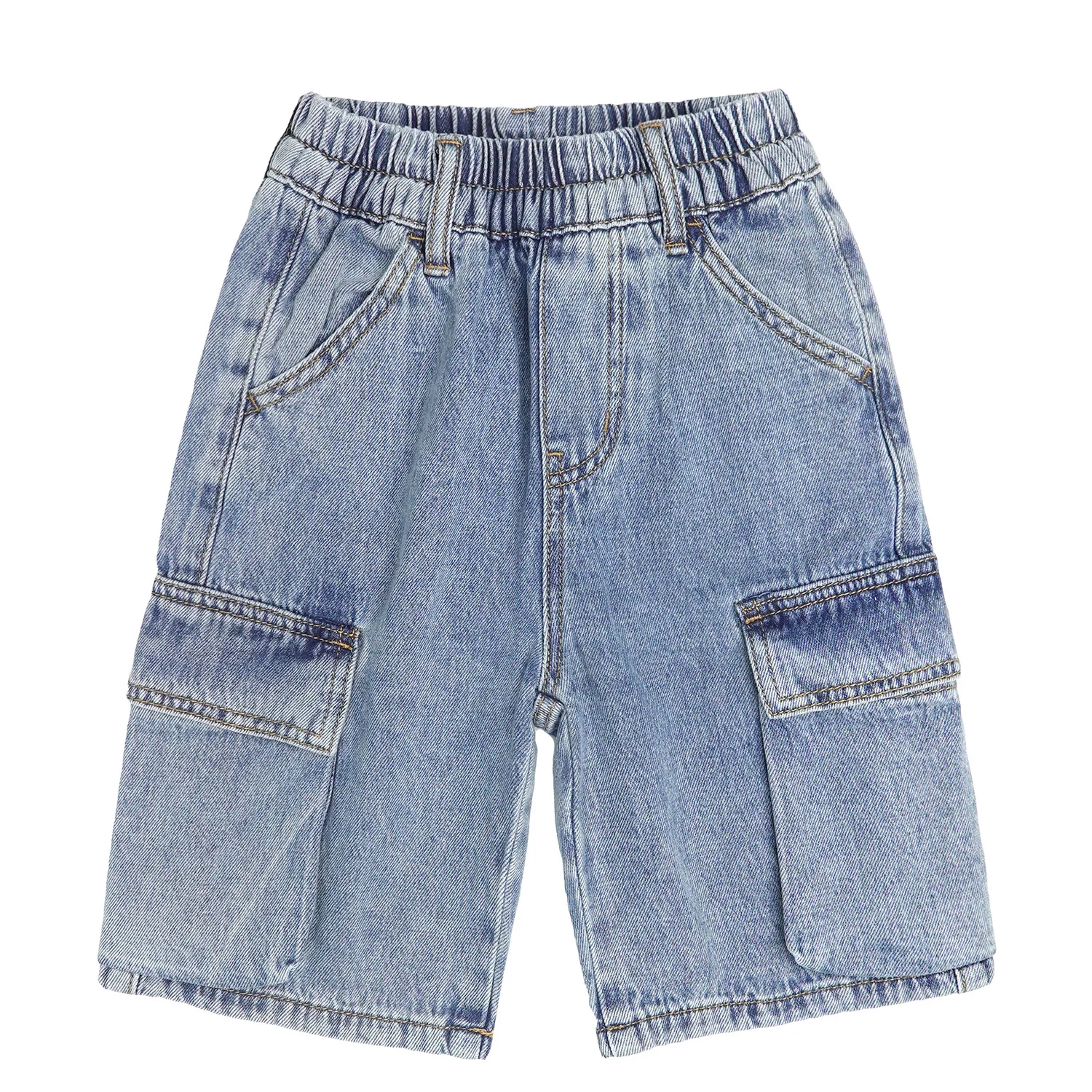 

KIDSCOOL SPACE Children's Denim Shorts,Ribbed Elastic Waist with D-ring Loops Summer Jeans Half Cargo Jeans