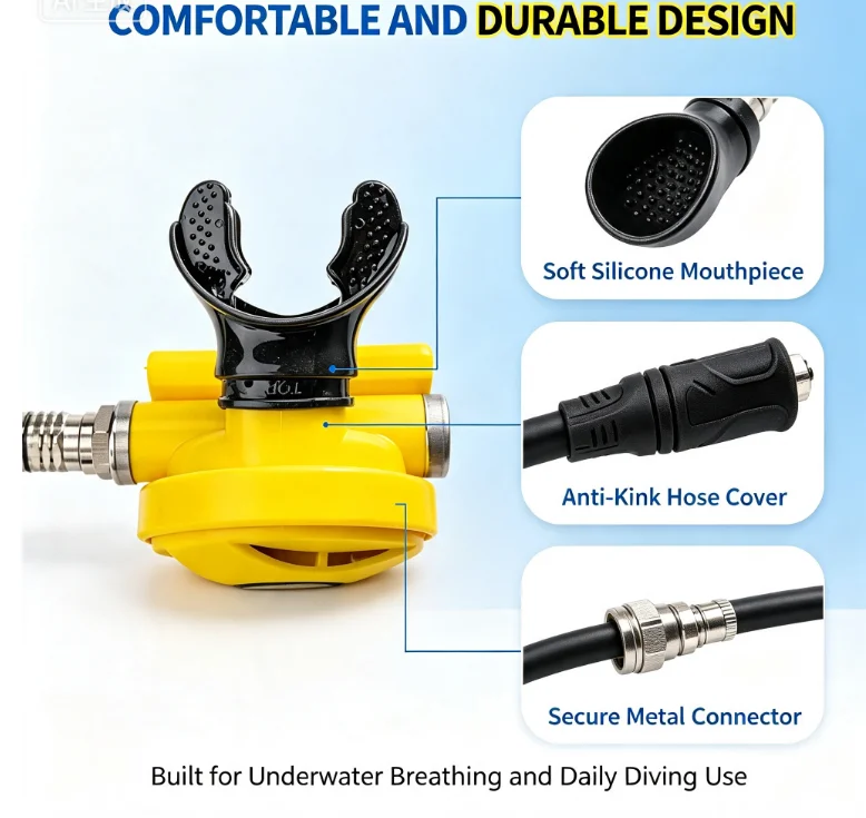 Scuba Second Stage Regulator, Diving Respirator with Medium Pressure Hose, Silicone Mouthpiece, Anti-Kink Hose Cover for Underwa