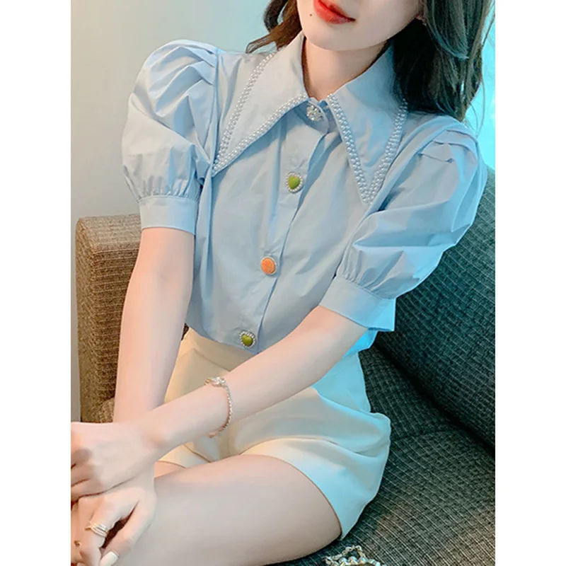 

Sweet Peter Pan Collar Puff Sleeve Button Oversized Beading Shirt 2022 Summer Chic Tops Elegant Women's Clothing Commute Blouse