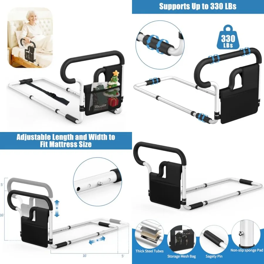 

Bed Rails for Elderly Adults Safety: Adjustable Bedside Assist Bar for Seniors - Side Bed Railing Handle Support Guard - Bedrai