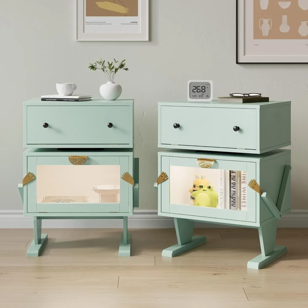 

Large Nightstand Set of 2 with LED Lights, Green End Table with 360°Rotating Drawer, Modern Bedside Table with Storage