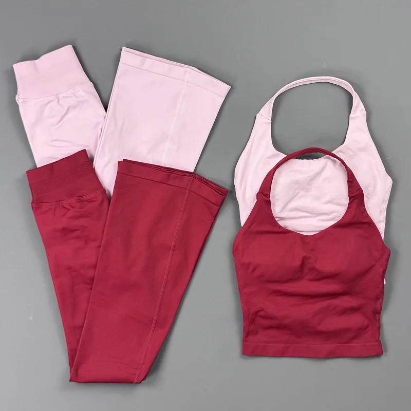 2piece Gym Set Women Halter Longline Padded Yoga Tank Top High Waist Butt Lifting Flare Leggings Squat Proof Pilates Sports Suit