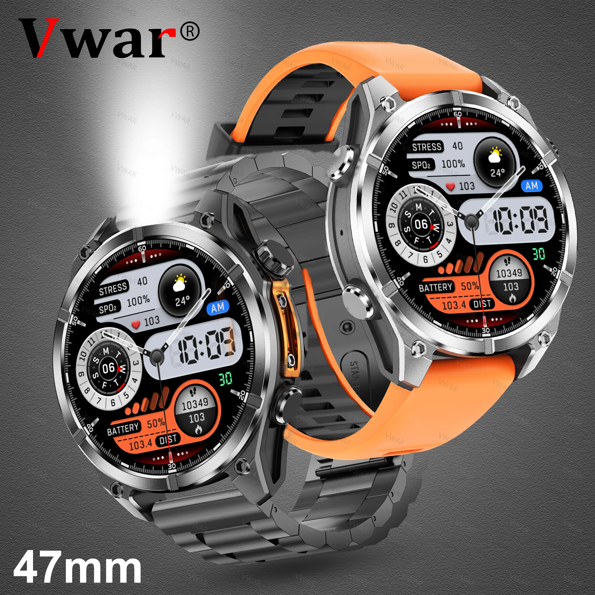 VWAR Sport Smart Watch with LED Flashlight Compass Barometer Men's Smartwatch 3ATM Waterproof Bluetooth Call for Xiaomi Huawei