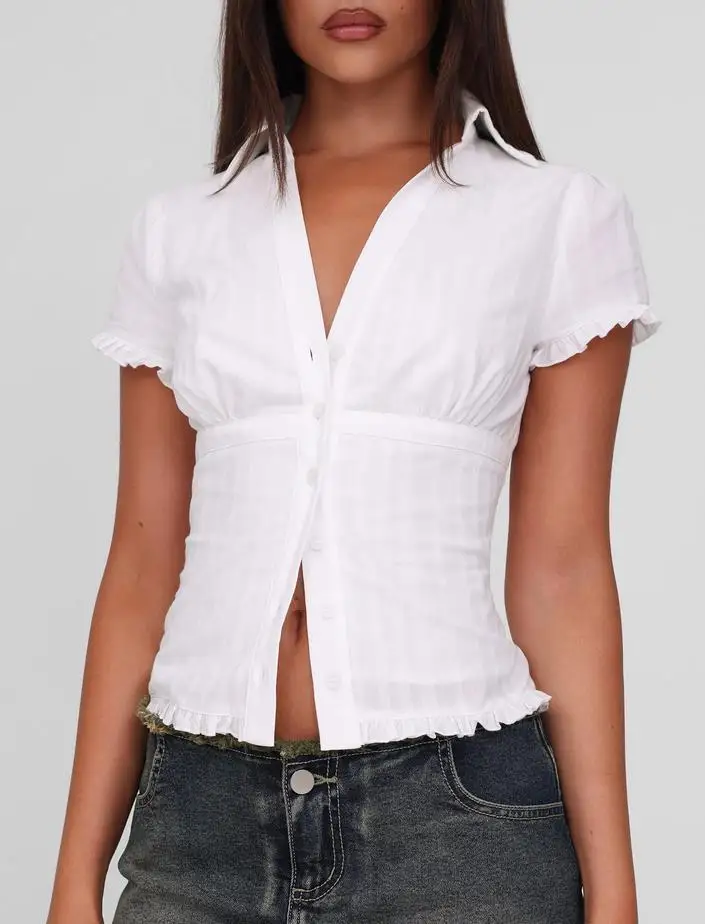 

Женские рубашки с рюшами и лацканами, модный офисный укороченный топ, летняя блузка с v-образным вырезом, рубашка на пуговицах, однотонные топы с короткими рукавами