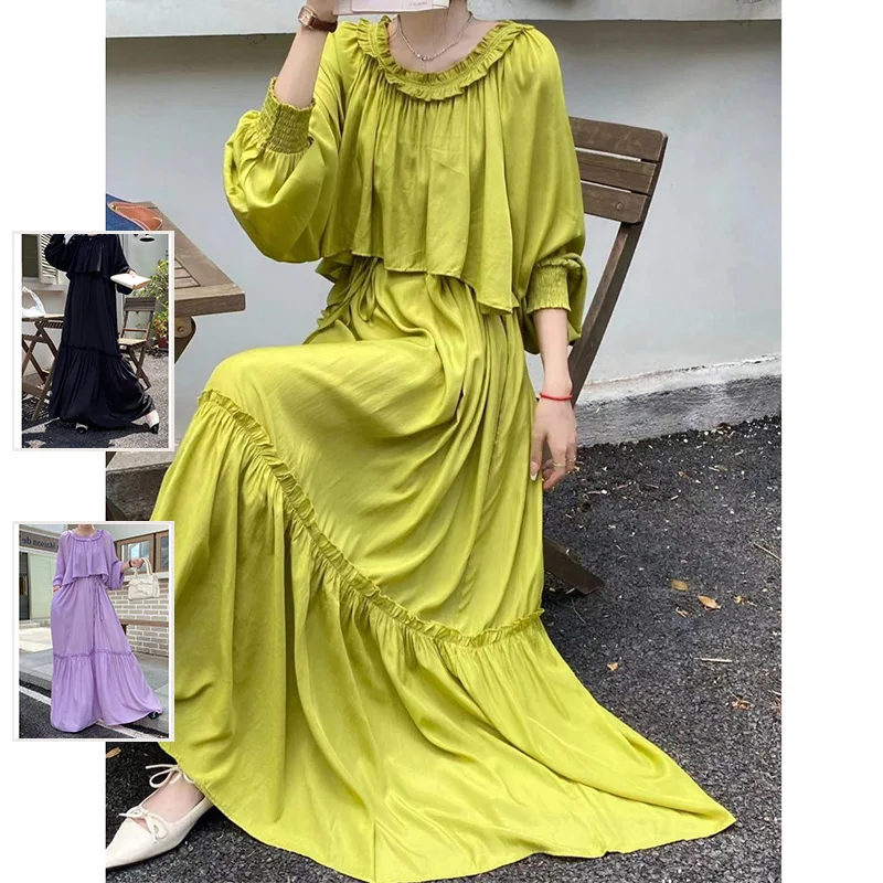 Anti-aging lange pure kleur Dr losse faionable houten kraag afslankende A-lijn jurk damesachtige Sle Lantern Sve