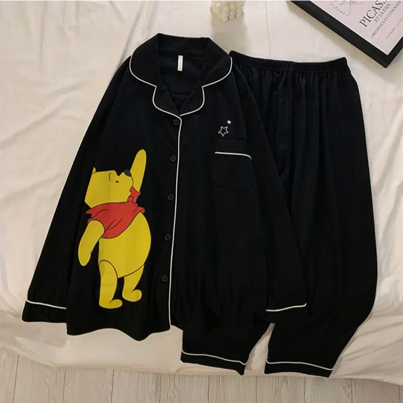 Disney black Winnie the Pooh autumn and winter new pajamas cartoon casual loose breathable silk women\'s loungewear two-piece set