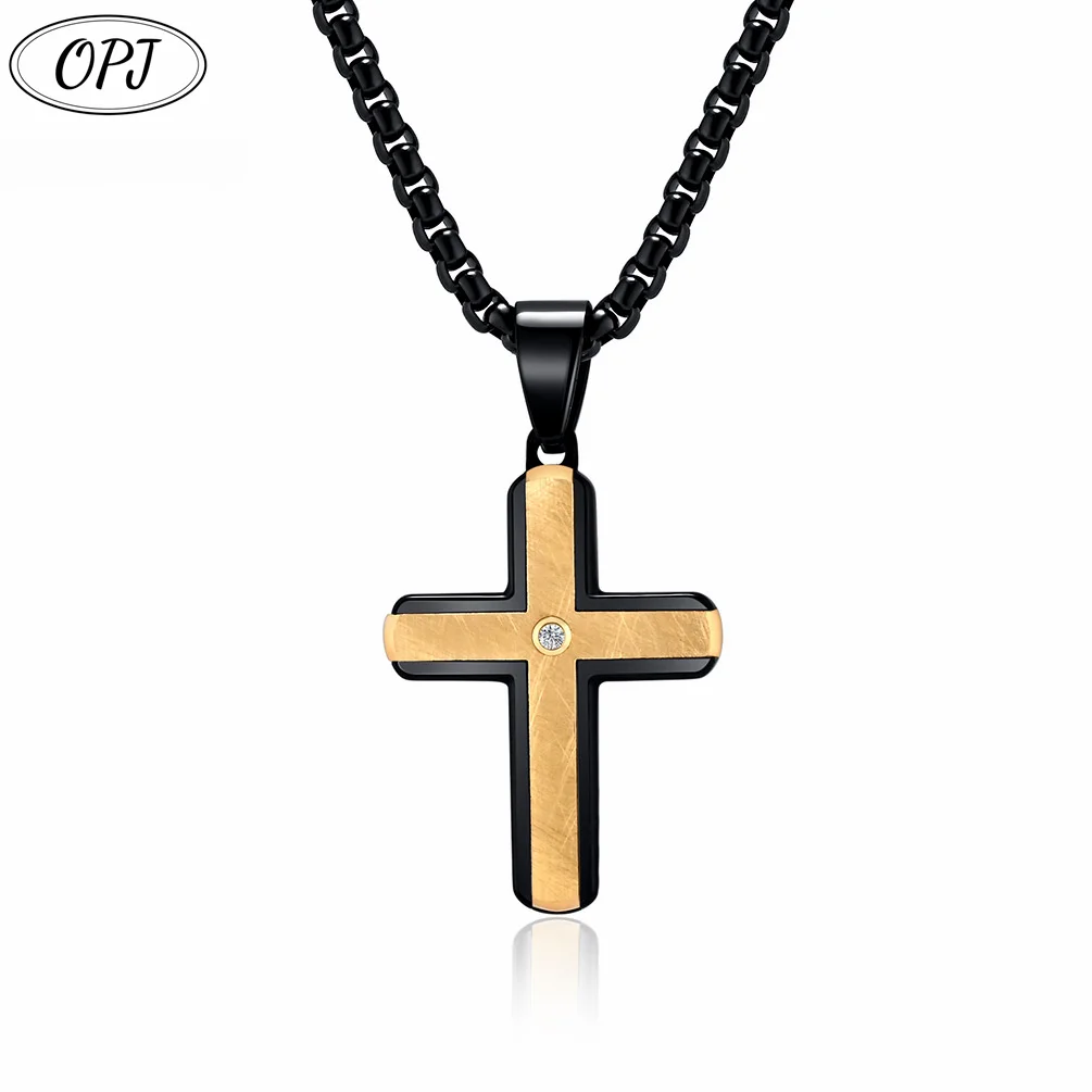 Original Random Silkworm Silking Bezel Setting Necklace European Small Size Two-Color Cross Pendant Men's Stamping Fashion