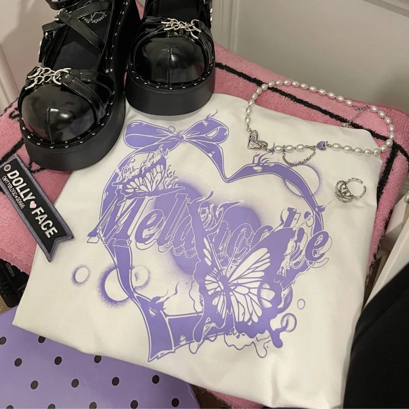 T-shirt legata con spalle scoperte con stampa a cuore Abito da donna Y2k Estetico allentato A-line Mini abiti Harajuku giapponesi