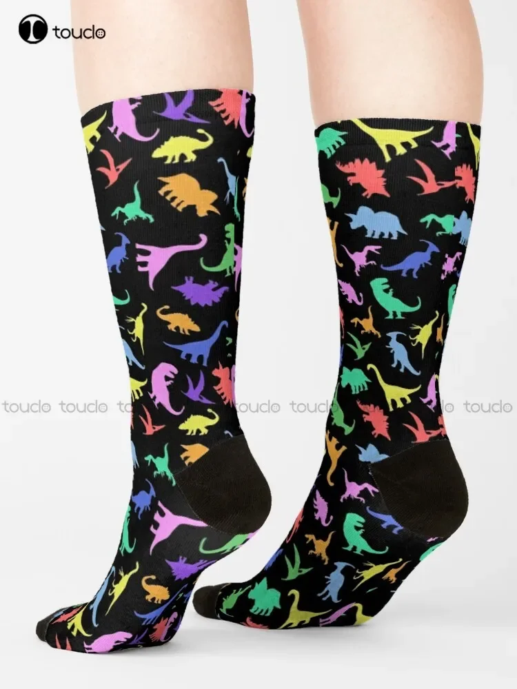 Fun Dinosaur Pattern (Black Background) Socks Sock Cartoon Comfortable Best Girls Sports 360° Digital Print Custom Gift Harajuku