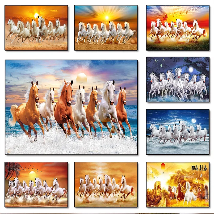 Frameless Canvas Painting Eight Running Horses Wall Art Oil Style, Horse Picture Living Room Bedroom Home Decor