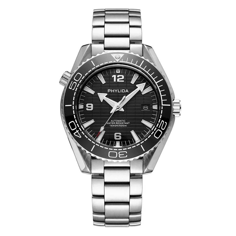 PHYLIDA 500m Men's 43.5mm Automatic Diver Watch Black Dial