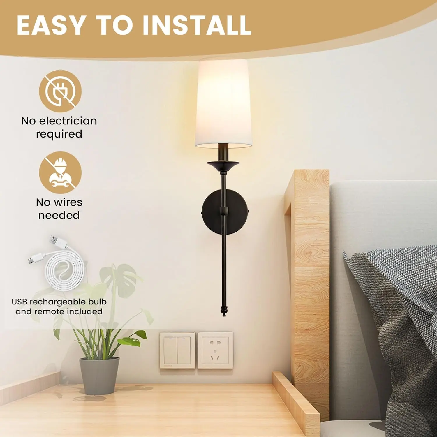 Battery Operated Wall Sconce Set of Two,Adjustable Remote Control Dimmable Wall Lighting Indoor, Not Hardwired LED Wall Lamp Fix