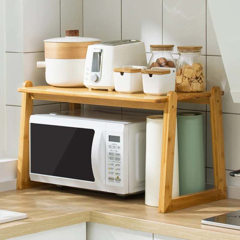 

2 Layers Kitchen Solid Wood Oven Shelf Countertop Seasoning Jar Cutlery Knives Rice Cooker Microwave Organizing Rack Debris Rack