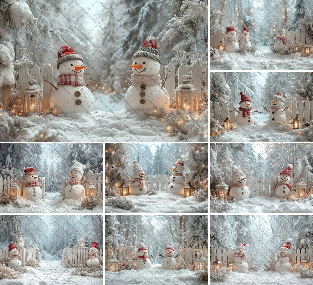 Mehofond Photography Background Christmas Winter Forest Fence Snowman Xmas Tree Kids Family Portrait Decor Backdrop Photo Studio