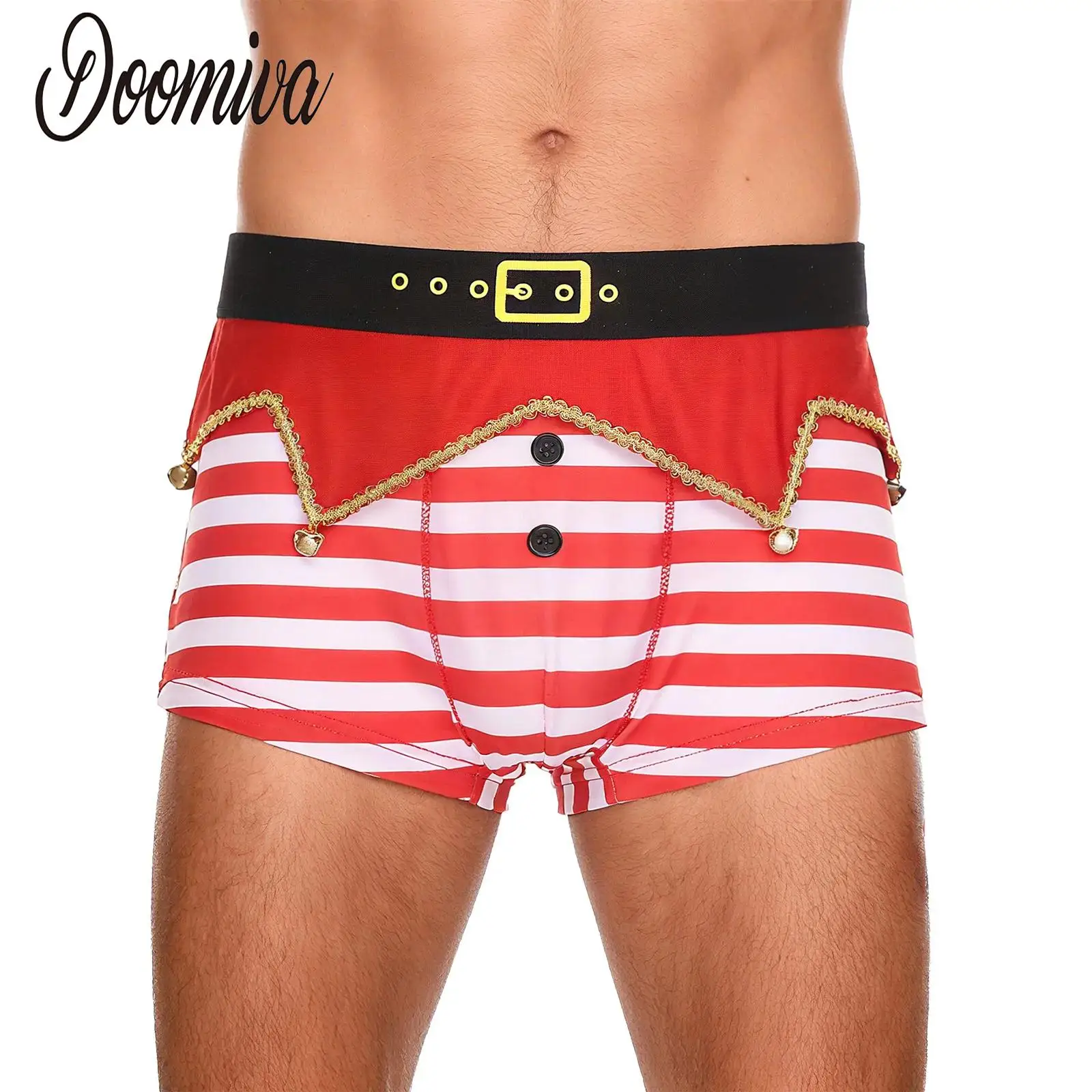 

Men Christmas Underwear Funny Lingerie Shorts Novelty Holiday Boxer Briefs Elastic Waistband Irregular Panel Bells Stripe Shorts
