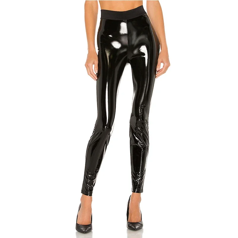 PU Elastic Waist Pants Slim Pencil Trousers Stretch Pants Streetwear New Women's Faux Leather Black Shiny Ankle Length Pants