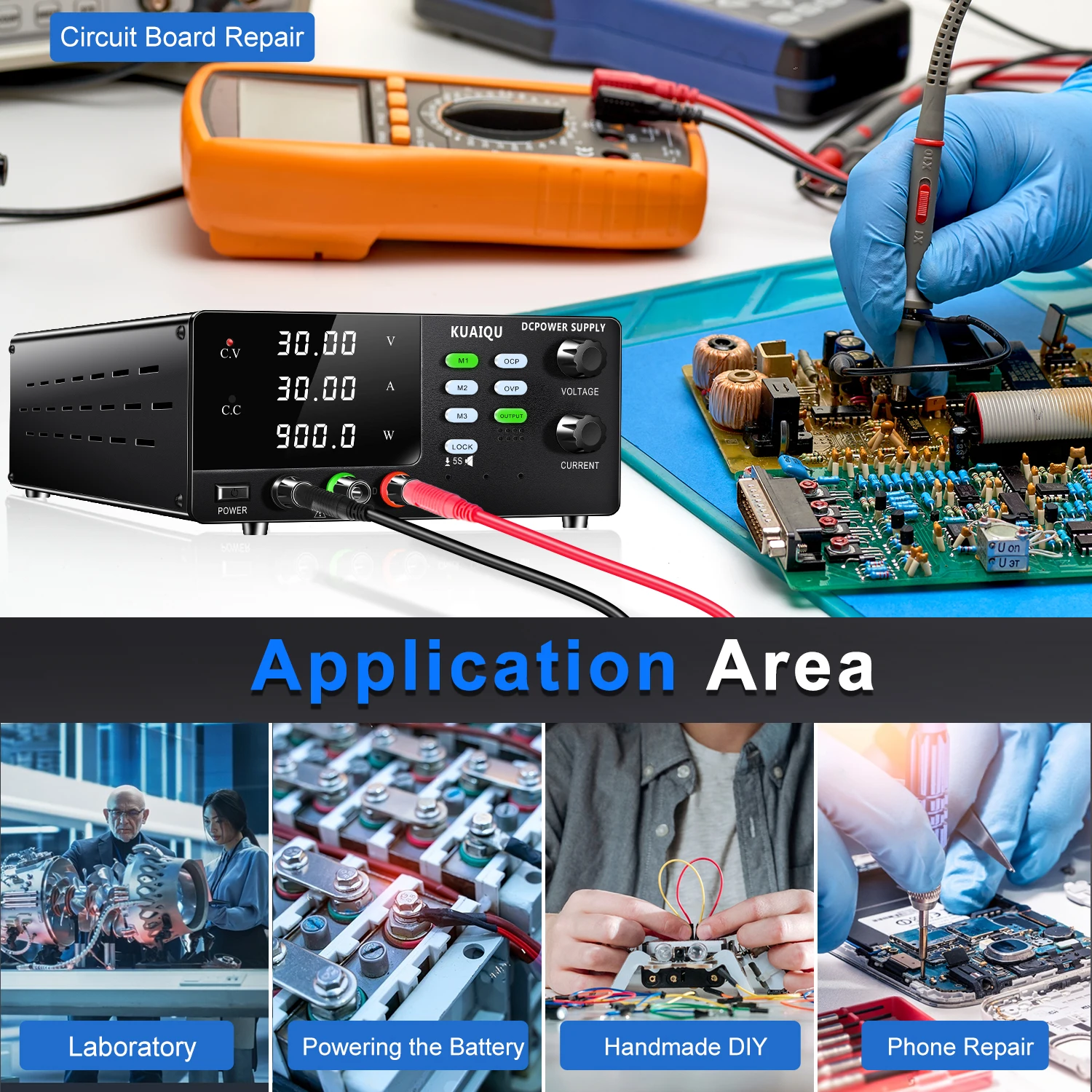 KUAIQU High Power Adjustable Switching DC Power Supply 30V 30A ,OVP OCP Protection,USB Port PC Control Software for Lab & Testin