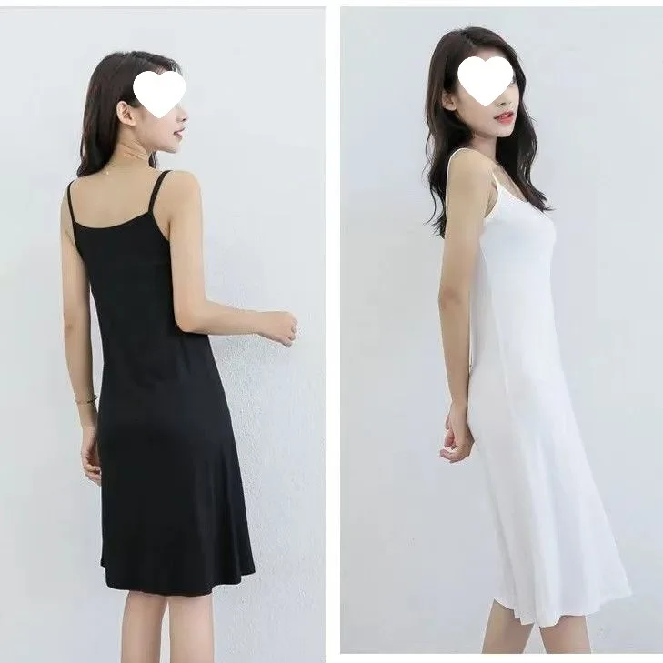 Vestido de base de seda de algodão com ajuste solto e forro médio a longo, camada inferior com forro de suspensório, vestido de dormir branco