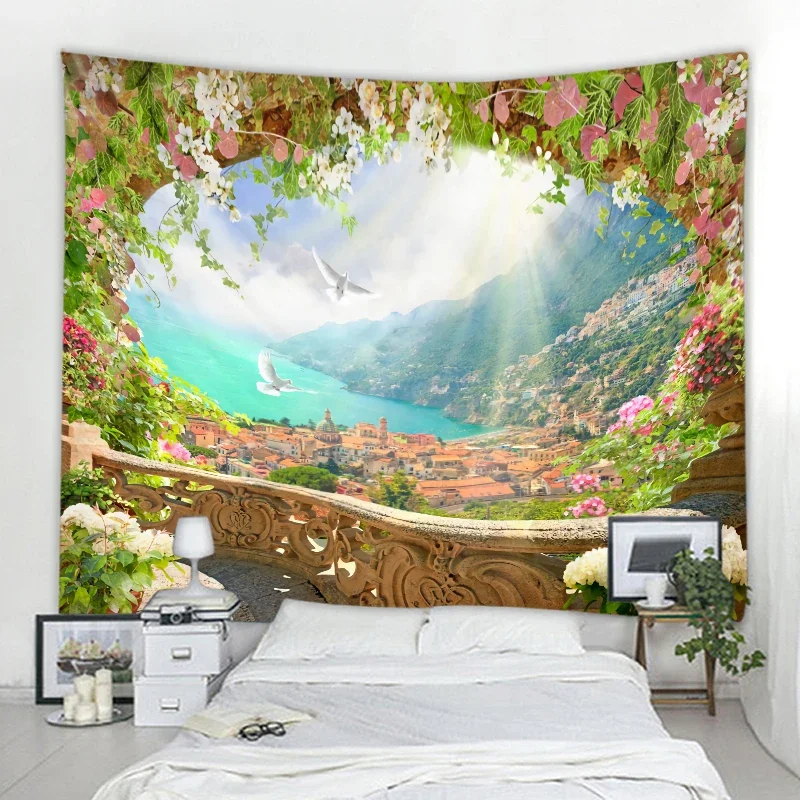 European Corridor Landscape Wall Hanging Tapestry Beach Landscape Wallpaper Beach Printing Tapestry Home Decoration