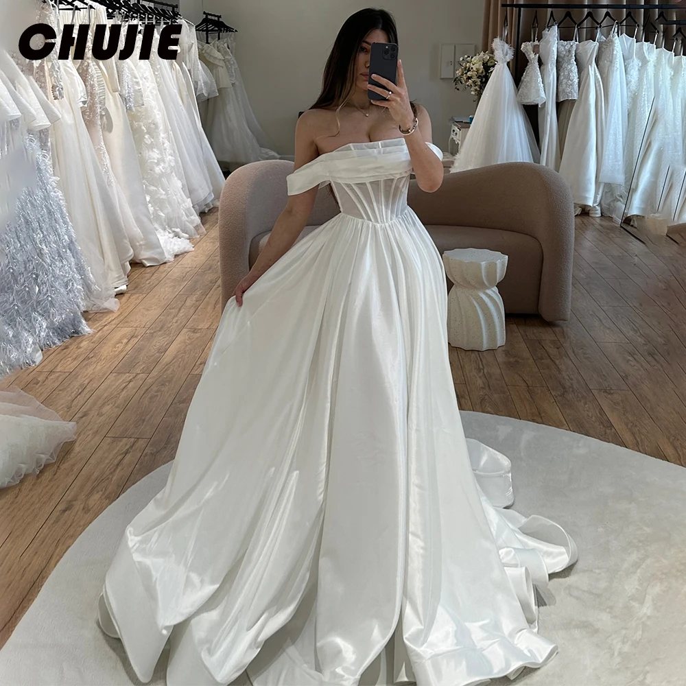 Bright Stain Off Shoulder Wedding Dresses A Line Pleated Bridal Gowns Custom Made Bride Dress Vestido de novia Guest Party Gowns