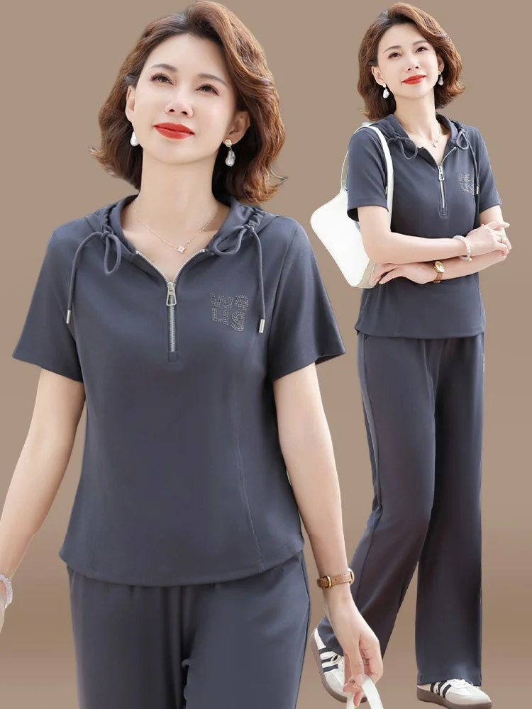 

Комплект спортивной одежды из ледяного шелка для мам: летняя повседневная футболка с коротким рукавом и модные свободные длинные брюки для женщин среднего возраста