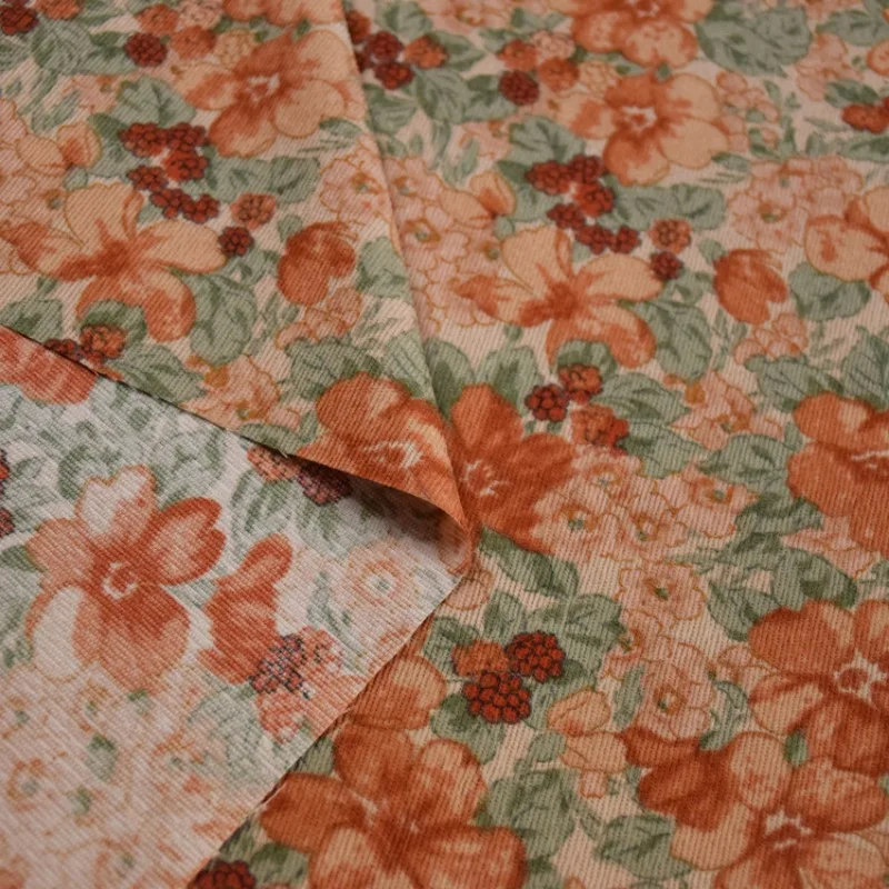 145x50cm Retro Oil Painting Style, Orange Large Flower Print, Corduroy Fabric, Autumn and Winter Dress, Handmade Sewing Cloth