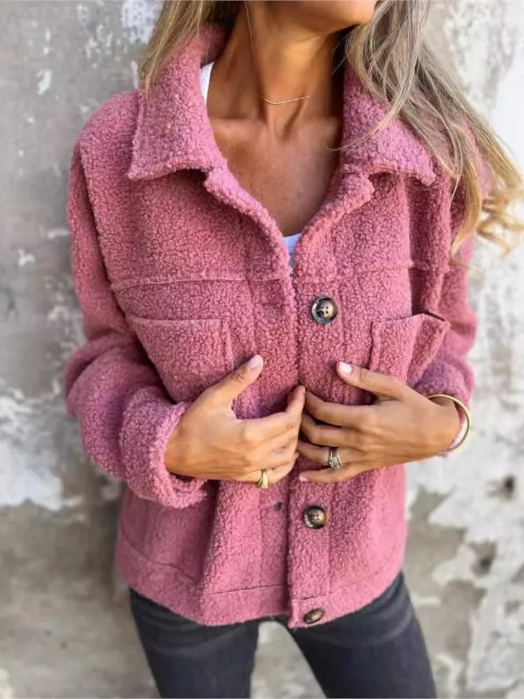 Mantel Jaket Solid Kasual untuk Wanita Mantel Jaket Kerah Lipat Kancing Lengan Panjang Mode Pakaian Wanita Musim Gugur Musim Dingin