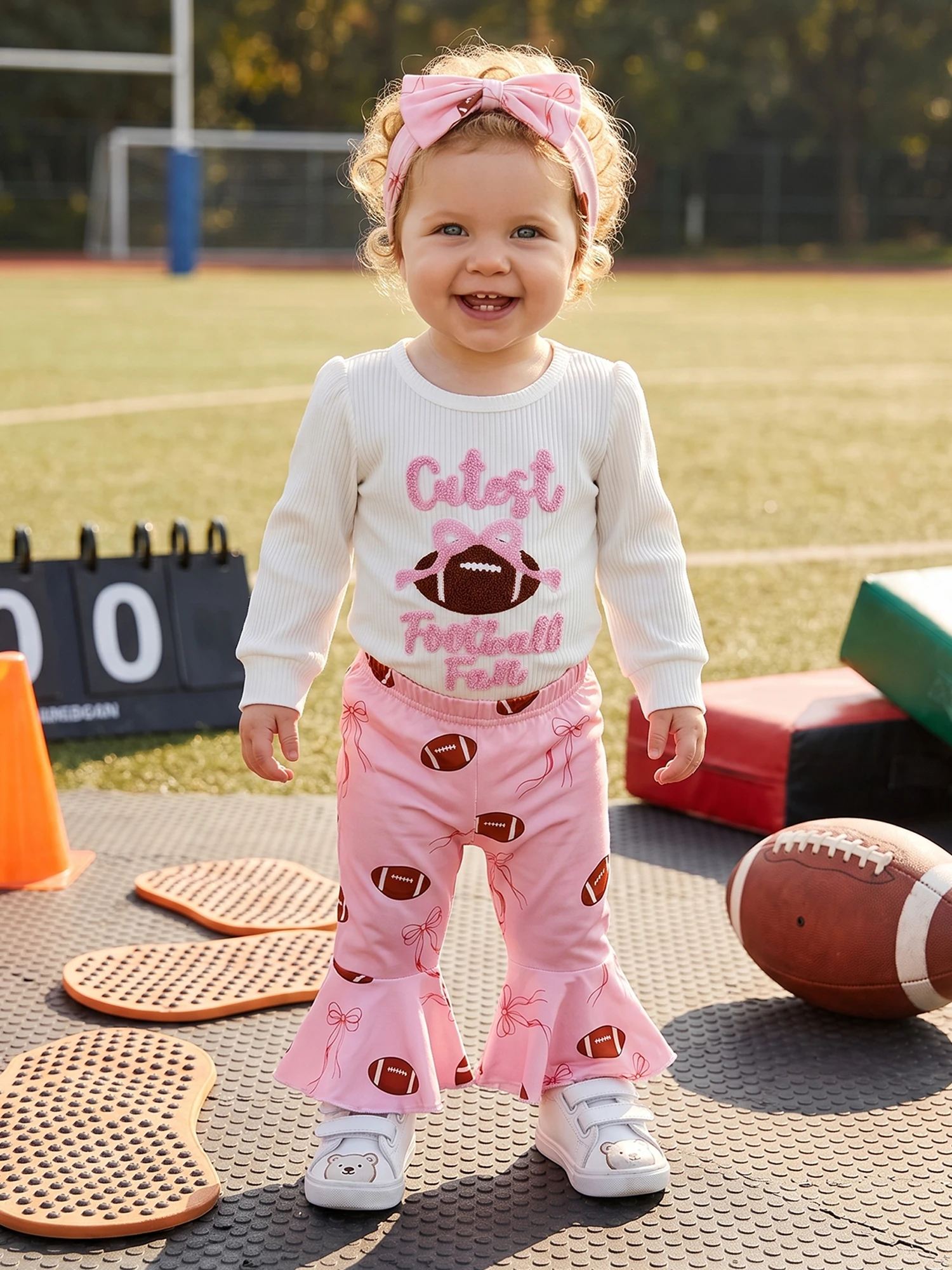 Pants Girl Football Set Set Embroidered Sleeve Romper Flare Football Long Sleeve Romper Pants Headband Baby-Girl-Football