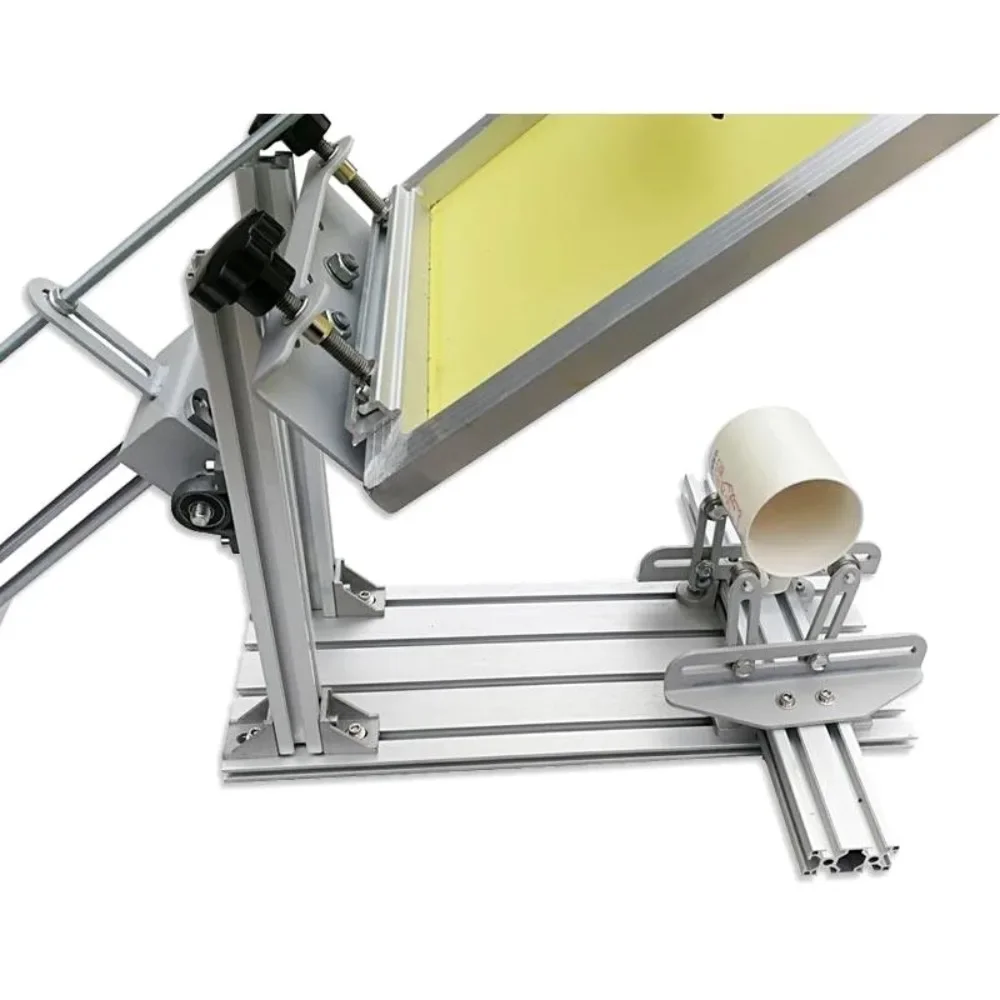 Desktop monochrome screen printing machine for cylindrical and tapered items. Ideal for precise printing.
