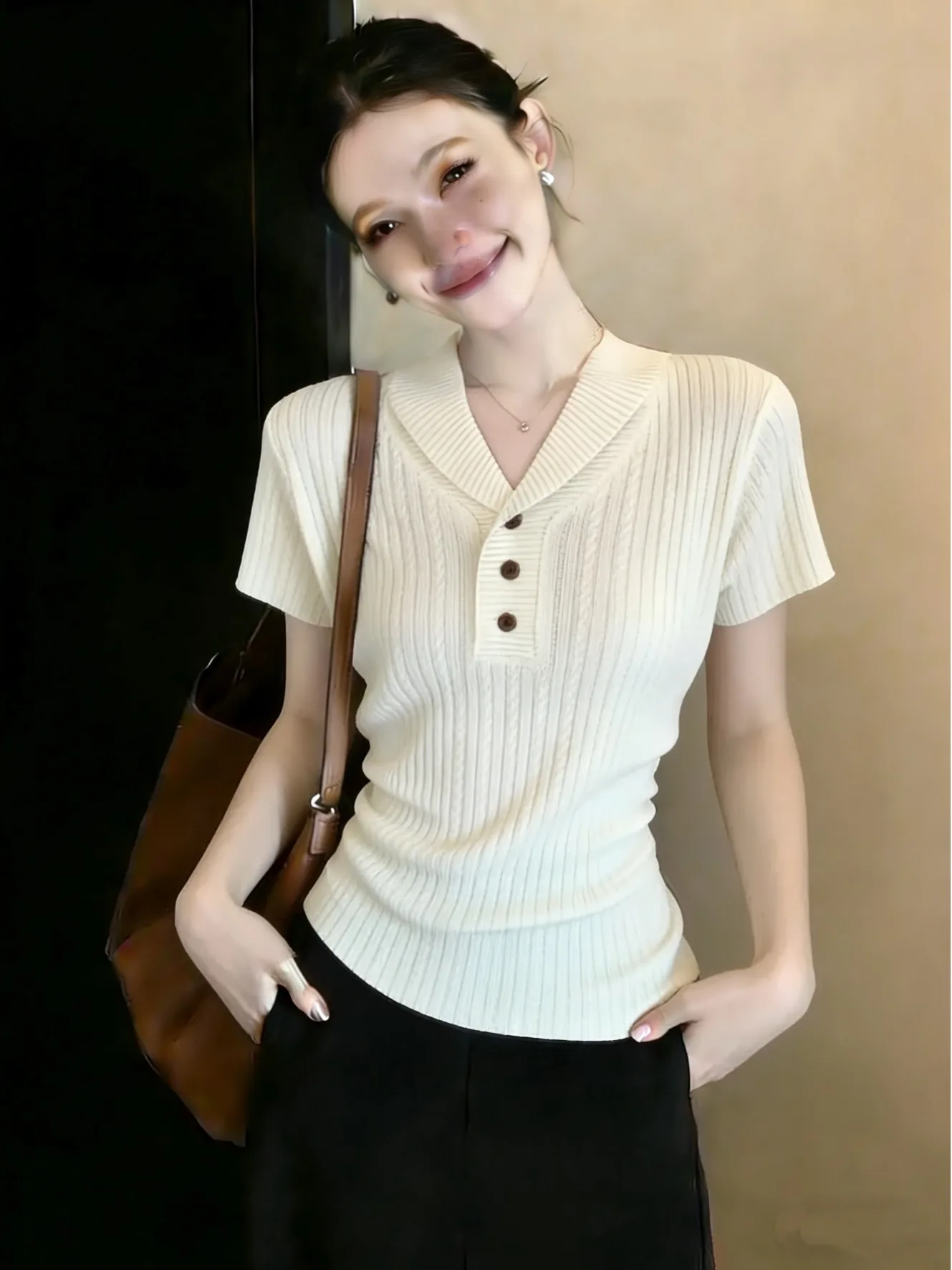 

plus Size Knitted Short Sleeve T-Shirt Women's Fashionable Versatile Small Collar Twist Knitwear Summer Slimming Top