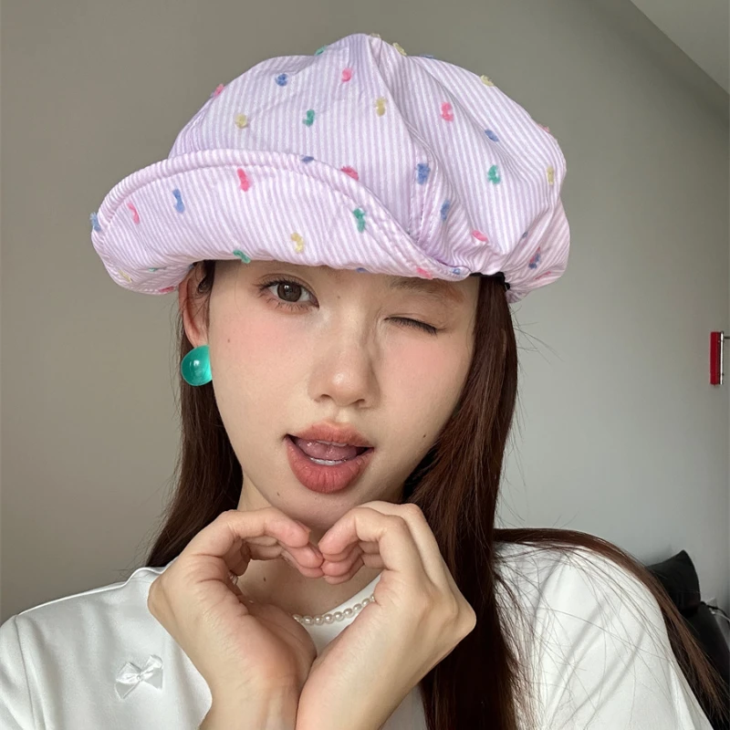 Gentle Pink Striped Octagonal Berets Cap Summer Travel Sunscreen Fashionable Versatile Oversized Cloud Newsboy Hats for Woman