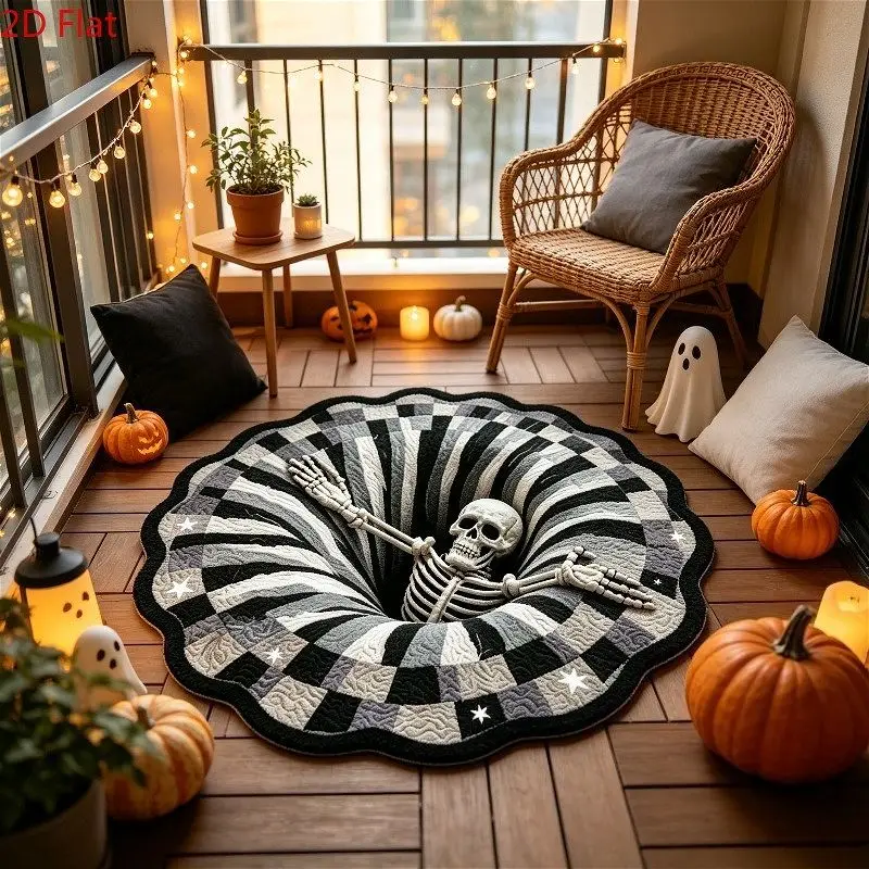 VIKAMA Halloween Skeleton Round Rug Flannel Non Slip Circular Carpet Spiral Vortex Skull Pattern Bedroom Floor Mat Party Decor