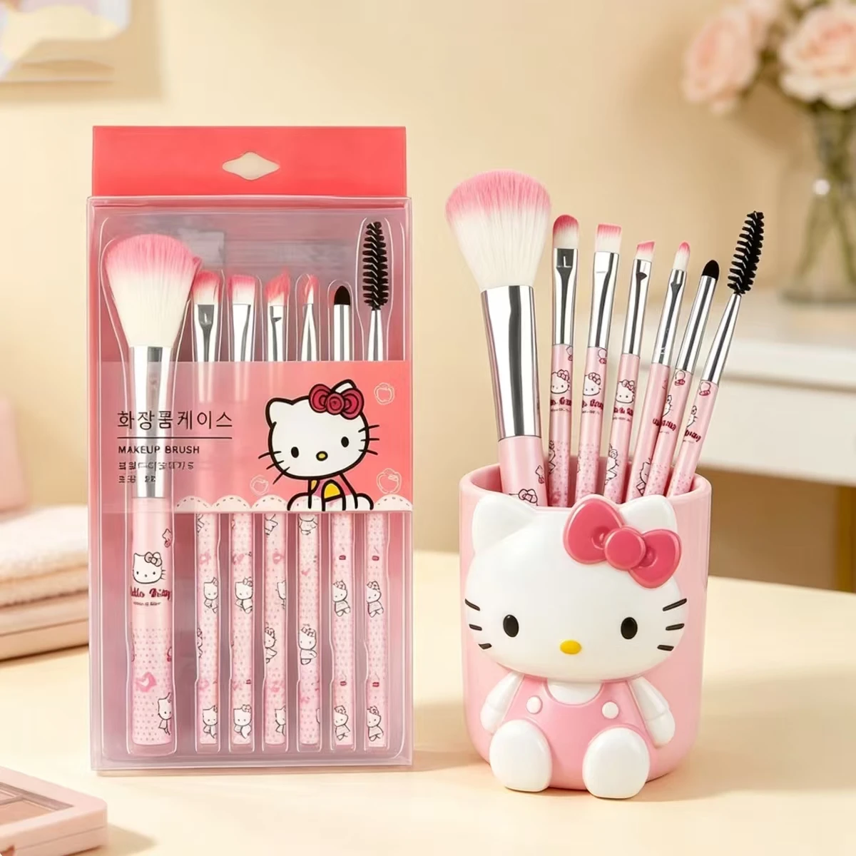 Sanrio Hello Kitty Makeup bag Brushes Set Soft Synthetic Hair Pink Foundation Blush Eyeshadow Eyebrow Eyelash Cosmetic Brush Ki