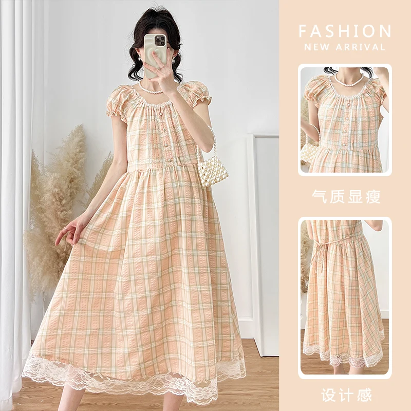 Vintage Pregnant Woman Plaid Dress Puff Sleeve Lace Patchwork O-Neck Long Loose Maternity Fashion A-Line Dress Princess Clothes