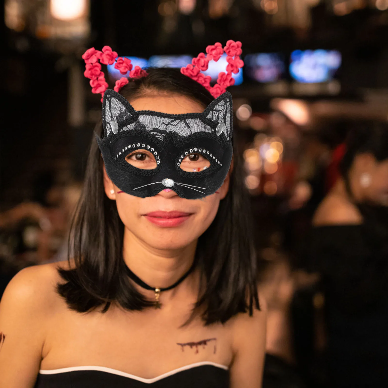 

2Pcs Masquerade Cat Mask Lace Design for Women Halloween Party Cat Costume Breathable Adjustable Strap Cosplay Mask