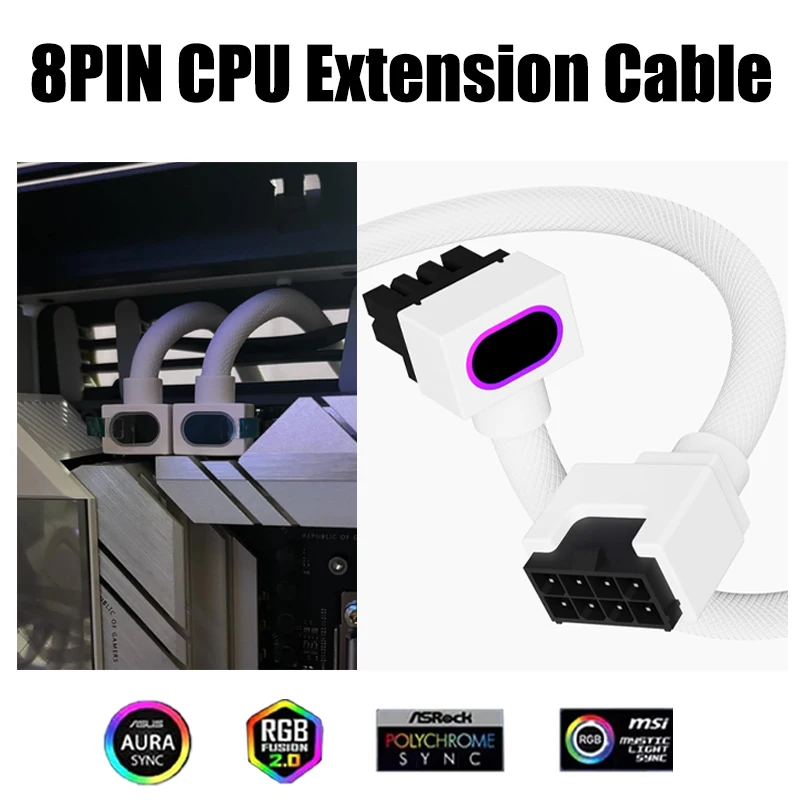 8PIN PSU CPU Extension Cable,ARGB PC Cable with 5V 3Pin,18AWG 90°Right-Angle Design for Cleaner PC Builds.30CM PC Power Cord