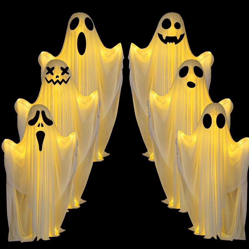 ฮาโลวีน Spooky Ghost ตกแต่งด้วย String ไฟ LED GLOW Ghost ด้านหน้าระเบียง Patio น่ากลัวยืน Ghost Halloween Decor