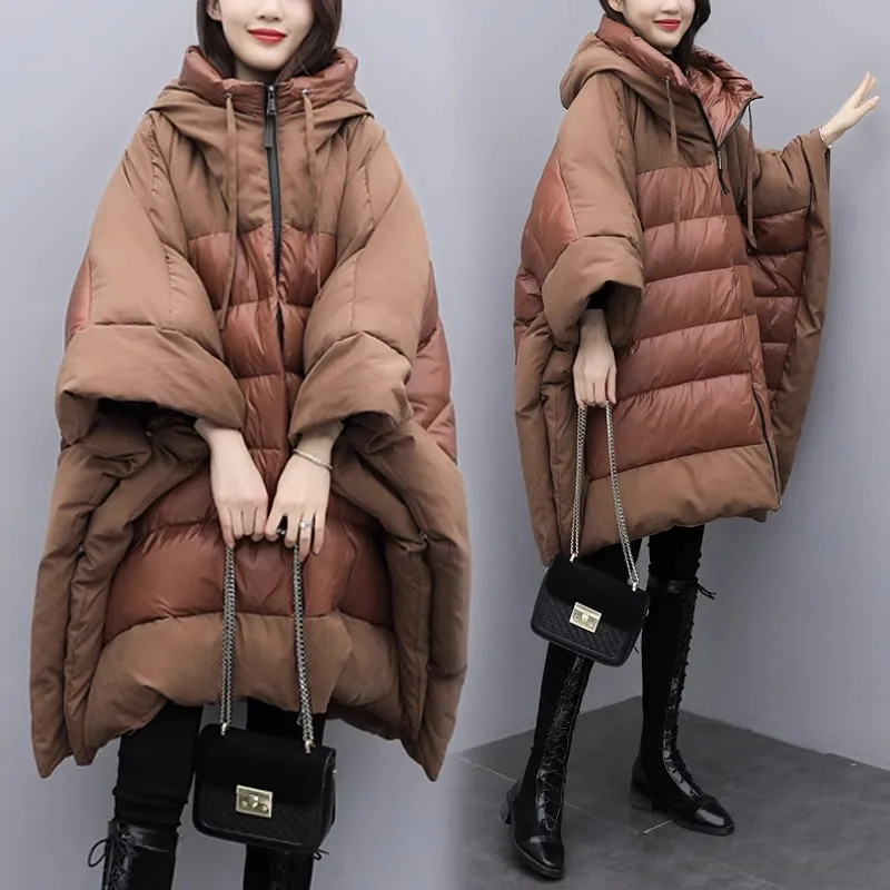 2023 New Winter Brown Fashion Loose Bat Sleeve Cloak Coat Women\'s Thickened Hooded Down Jacket Female Warm Parkas Overcoat