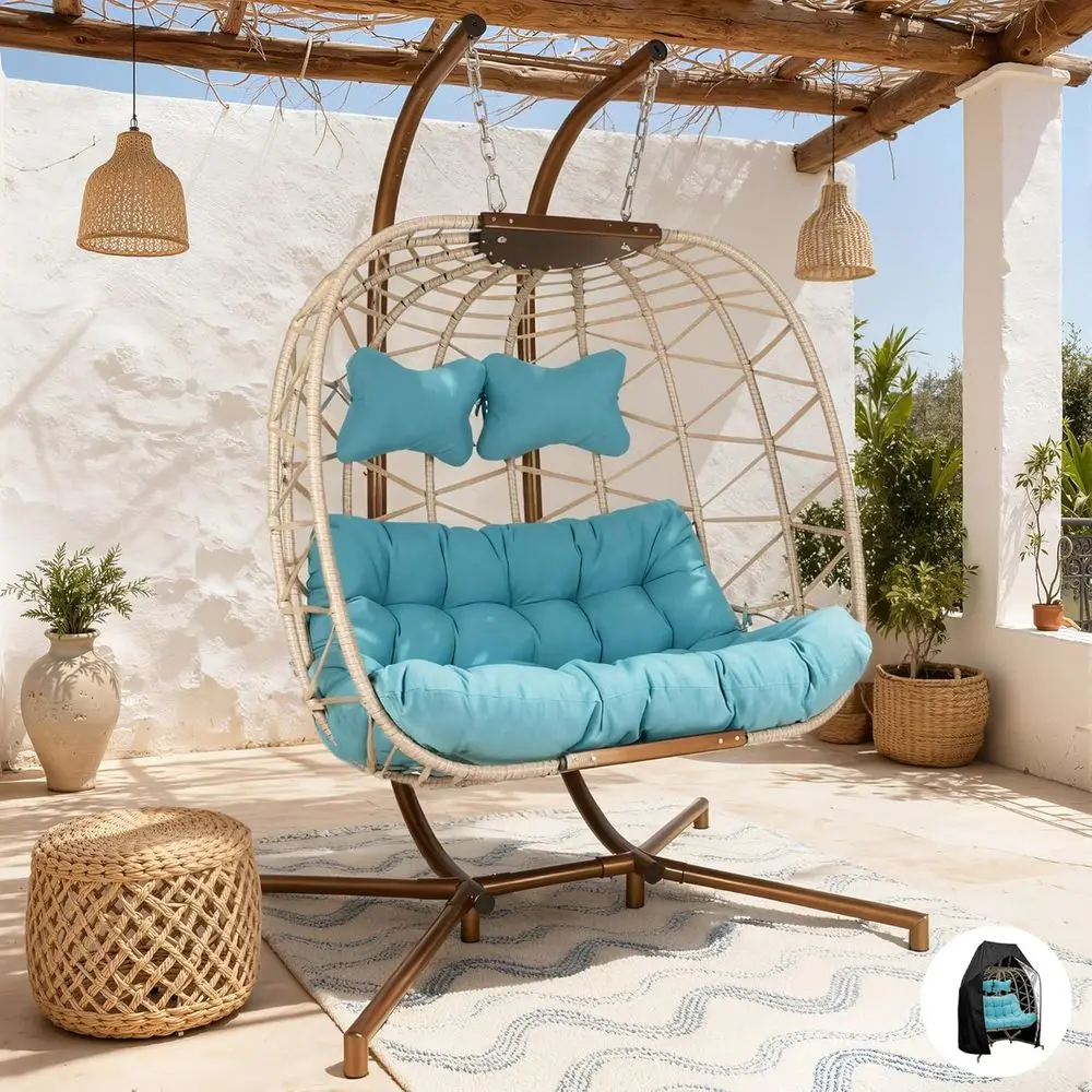

2 Person Indoor-Outdoor Double Egg Swing Chair with Beige and Light Green Cushions and Cover
